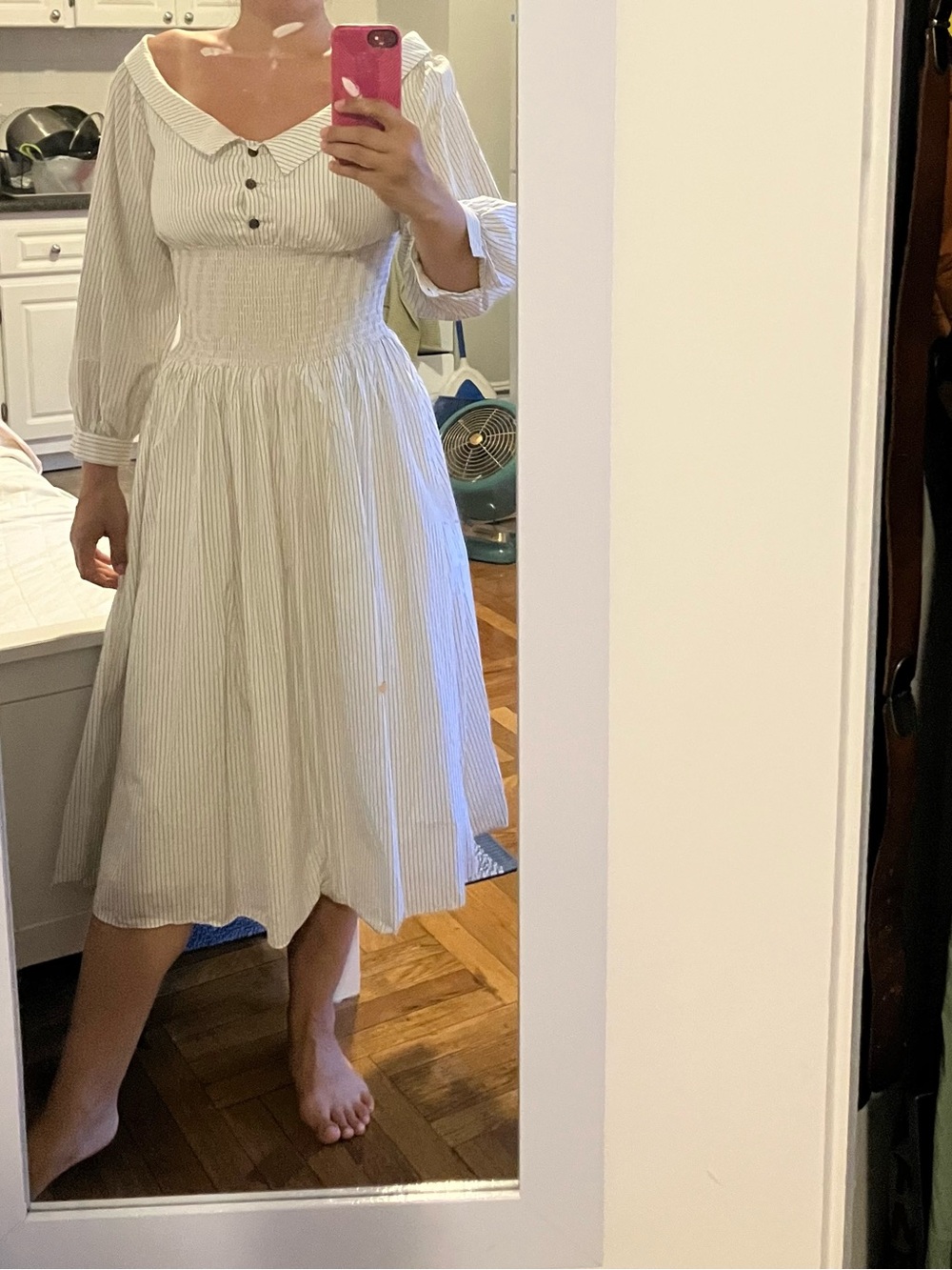 Sandy Liang One-Shoulder White Midi Dress with Smocked Waist